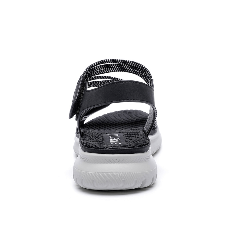 Back view of Sport Women's Soft Sandals with Velcro, showcasing black PU leather and cushioned TPR sole for comfort and style.